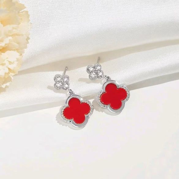 Wholesale Real Gold Electroplated Copper Earrings Set With Diamonds And Zircon Fourleaf Clover Shape For Women College Style