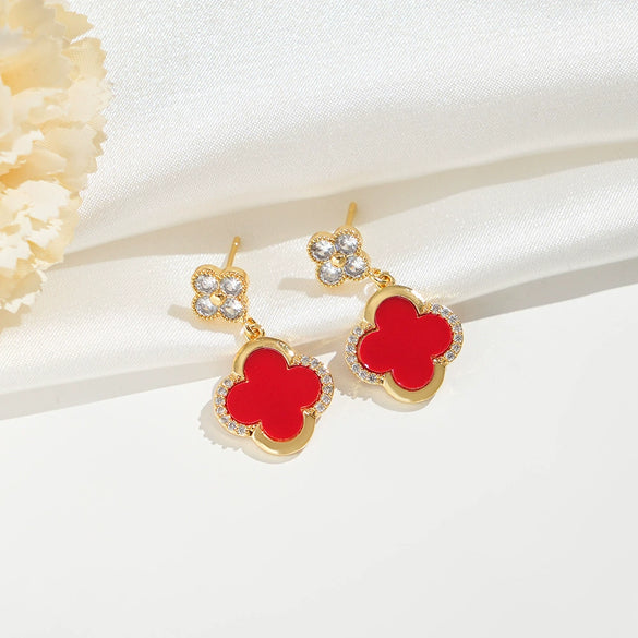 Wholesale Real Gold Electroplated Copper Earrings Set With Diamonds And Zircon Fourleaf Clover Shape For Women College Style