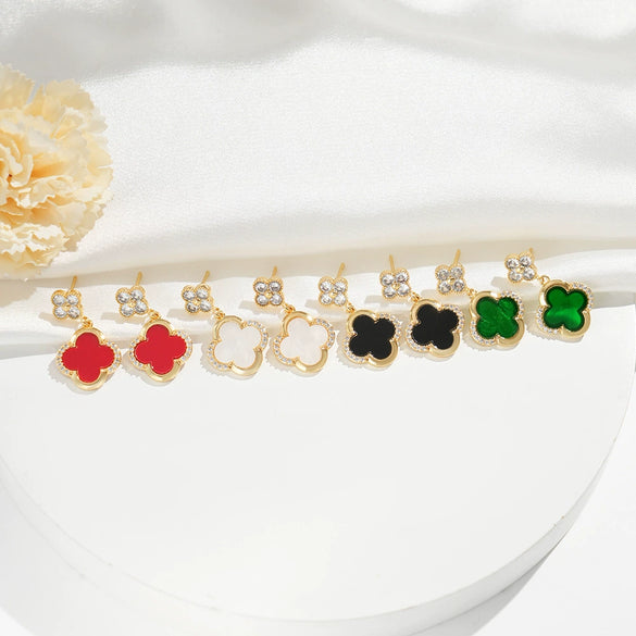 Wholesale Real Gold Electroplated Copper Earrings Set With Diamonds And Zircon Fourleaf Clover Shape For Women College Style