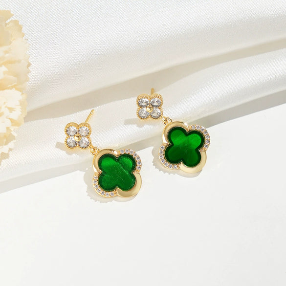 Wholesale Real Gold Electroplated Copper Earrings Set With Diamonds And Zircon Fourleaf Clover Shape For Women College Style