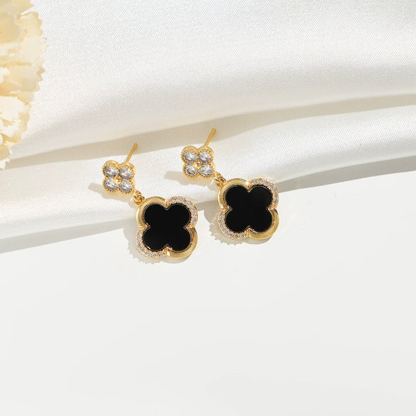 Wholesale Real Gold Electroplated Copper Earrings Set With Diamonds And Zircon Fourleaf Clover Shape For Women College Style