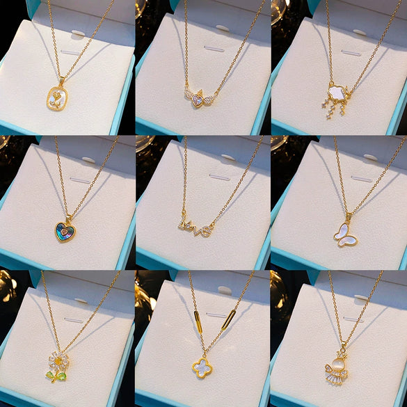 Wholesale Real Gold Electroplated Geometric Pattern Titanium Steel And Copper Necklace With Zircon And Pearl For Women Elegant Light Luxury Jewelry