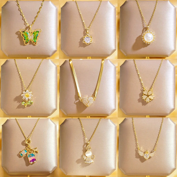 Wholesale Real Gold Electroplated Geometric Pattern Titanium Steel And Copper Necklace With Zircon And Pearl For Women Elegant Light Luxury Jewelry