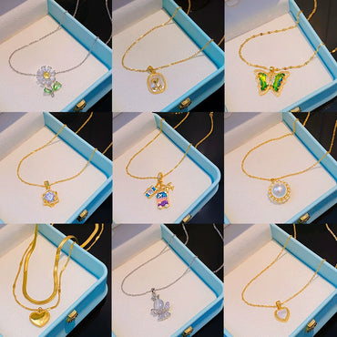 Wholesale Real Gold Electroplated Geometric Pattern Titanium Steel And Copper Necklace With Zircon And Pearl For Women Elegant Light Luxury Jewelry