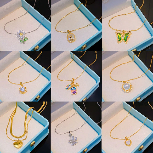 Wholesale Real Gold Electroplated Geometric Pattern Titanium Steel And Copper Necklace With Zircon And Pearl For Women Elegant Light Luxury Jewelry