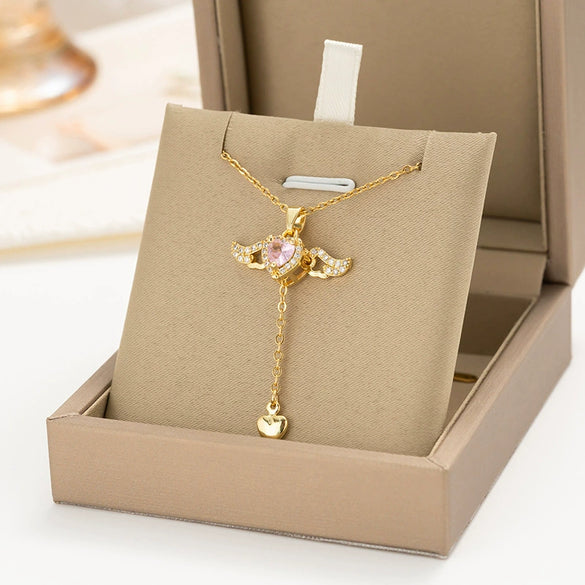 Wholesale Real Gold Electroplated Simple Geometric Love Heart Wings Titanium Steel And Copper Cross Chain Necklace For Women