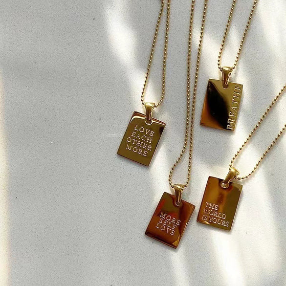 Wholesale Rectangular English Letter Pendant Necklace In Titanium Steel With Gold Inlaid For Women