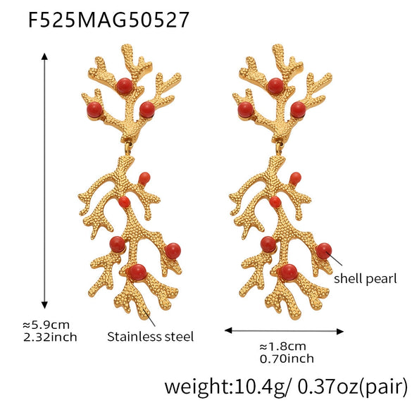 Wholesale Red Coral Shell Beads Oil Drop Asymmetrical Geometric Earrings Titanium Steel 18K Gold Plated Electroplated For Women