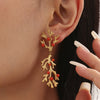 Wholesale Red Coral Shell Beads Oil Drop Asymmetrical Geometric Earrings Titanium Steel 18K Gold Plated Electroplated For Women