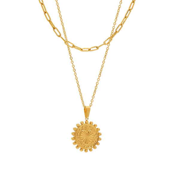 Wholesale Relief Peach Heart Double Layer Clavicle Necklace In Stainless Steel With Geometric Pattern And Electroplating