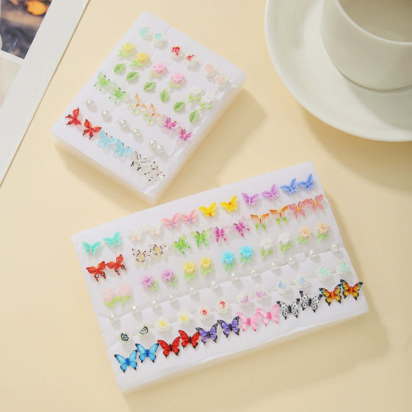 Wholesale Resin Handmade Imitation Pearl Cartoon Butterfly Geometric Flower Leaves Threedimensional Earrings Set For Women