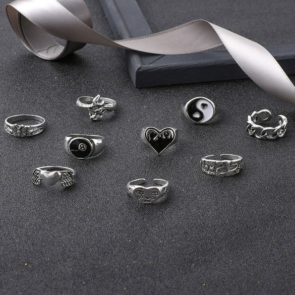 Wholesale Retro Alloy Ring Set With Heart Wings Butterfly Snakeshaped Elements Geometric And Leaf Patterns Electroplated