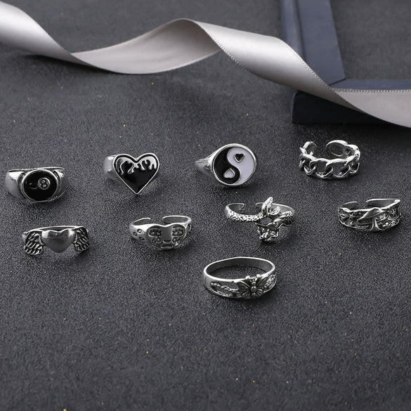 Wholesale Retro Alloy Ring Set With Heart Wings Butterfly Snakeshaped Elements Geometric And Leaf Patterns Electroplated
