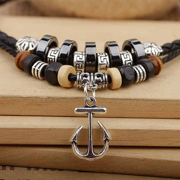 Wholesale Retro Anchor Alloy Necklace With Silver Leather Woven Wax Rope And Electroplating Treatment