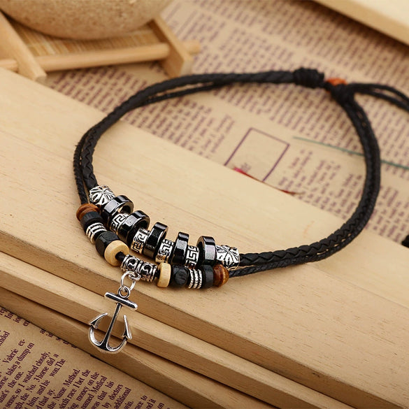 Wholesale Retro Anchor Alloy Necklace With Silver Leather Woven Wax Rope And Electroplating Treatment