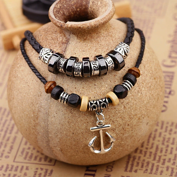 Wholesale Retro Anchor Alloy Necklace With Silver Leather Woven Wax Rope And Electroplating Treatment