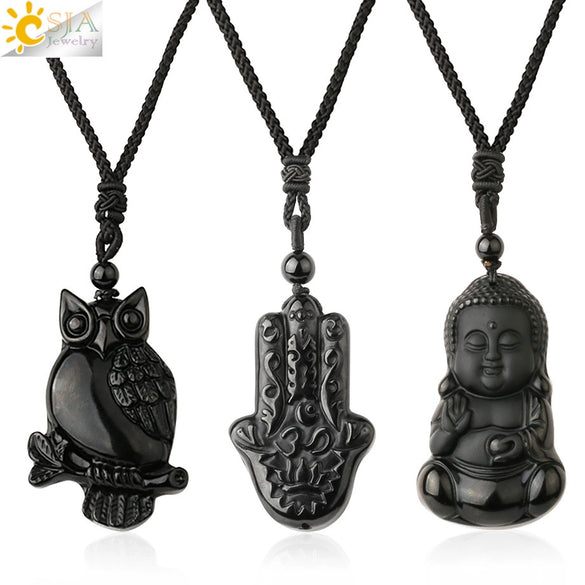 Wholesale Retro Animal Pendant Necklace With Obsidian And Braided Rope Polished