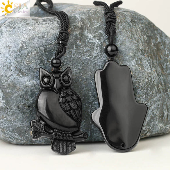 Wholesale Retro Animal Pendant Necklace With Obsidian And Braided Rope Polished
