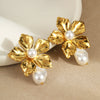 Wholesale Retro Baroque Pearl Flower Stainless Steel 18K Gold Electroplated Women's Earrings