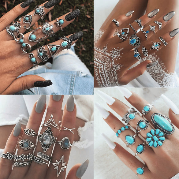 Wholesale Retro Bohemian Feather Turquoise Hollow Alloy Ring 9 Piece Set With Electroplating And Geometric Leaves Pattern
