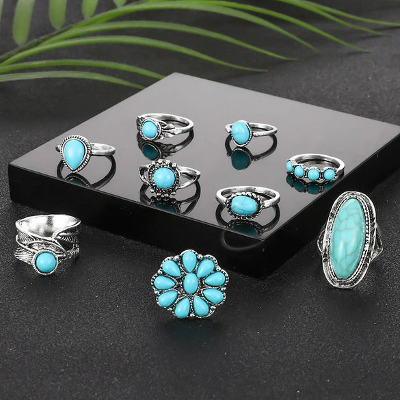 Wholesale Retro Bohemian Feather Turquoise Hollow Alloy Ring 9 Piece Set With Electroplating And Geometric Leaves Pattern