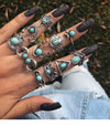 Wholesale Retro Bohemian Feather Turquoise Hollow Alloy Ring 9 Piece Set With Electroplating And Geometric Leaves Pattern