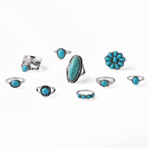 Wholesale Retro Bohemian Feather Turquoise Hollow Alloy Ring 9 Piece Set With Electroplating And Geometric Leaves Pattern