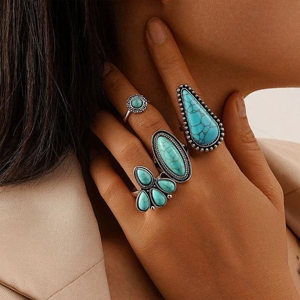 Wholesale Retro Bohemian Style Turquoise Cactus Carved Alloy Geometric Rings Set For Women With Electroplating