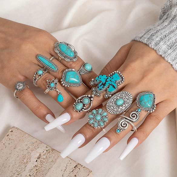 Wholesale Retro Bohemian Style Turquoise Cactus Carved Alloy Geometric Rings Set For Women With Electroplating