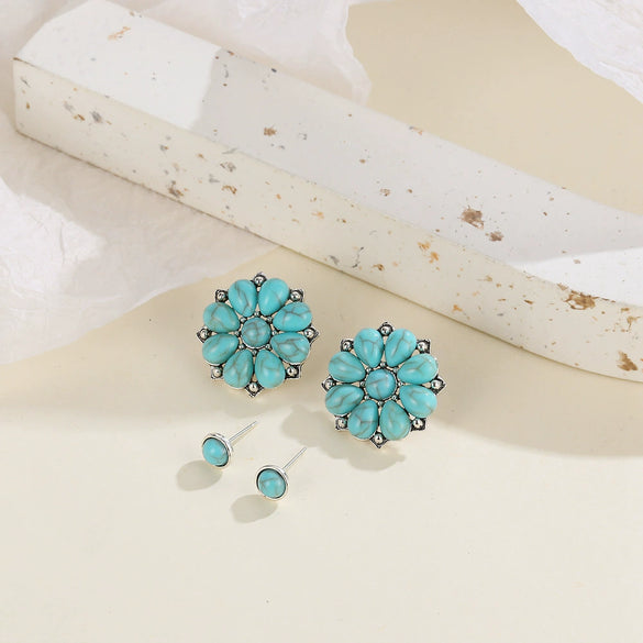 Wholesale Retro Bohemian Style Turquoise Floral Round Alloy Ear Studs Earrings Electroplated 2 Pairs Set