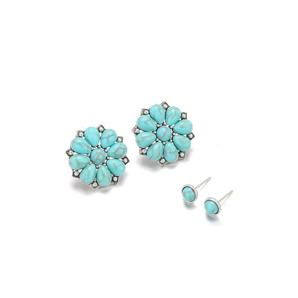 Wholesale Retro Bohemian Style Turquoise Floral Round Alloy Ear Studs Earrings Electroplated 2 Pairs Set