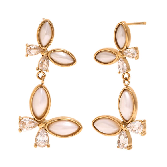 Wholesale Retro Creative Animal Zodiac Stainless Steel 18K Gold Plated Pearl Zircon Stitching Butterfly Earrings For Women