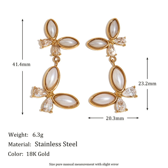 Wholesale Retro Creative Animal Zodiac Stainless Steel 18K Gold Plated Pearl Zircon Stitching Butterfly Earrings For Women