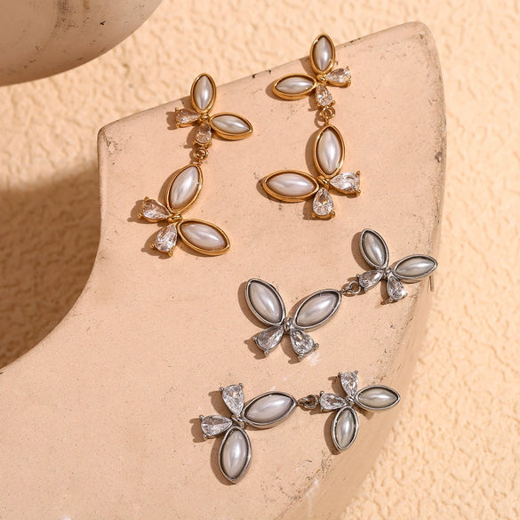 Wholesale Retro Creative Animal Zodiac Stainless Steel 18K Gold Plated Pearl Zircon Stitching Butterfly Earrings For Women