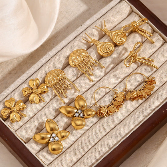 Wholesale Retro Creative Stainless Steel 18K Gold Plated Snail Tassel Flower Earrings For Women With Geometric Pattern And Electroplating Treatment