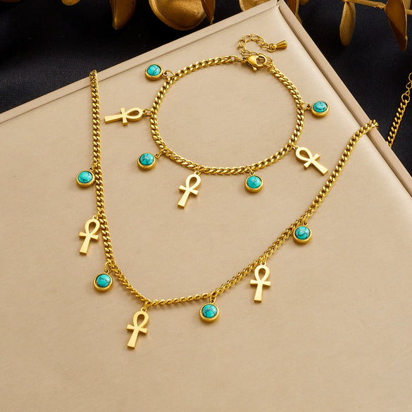 Wholesale Retro Cross Crown Roman Numerals Goldplated Stainless Steel Jewelry Set For Women