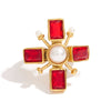 Wholesale Retro Cross Ring Jewelry Stainless Steel Pearl Red Zircon 18K Gold Electroplated For Women
