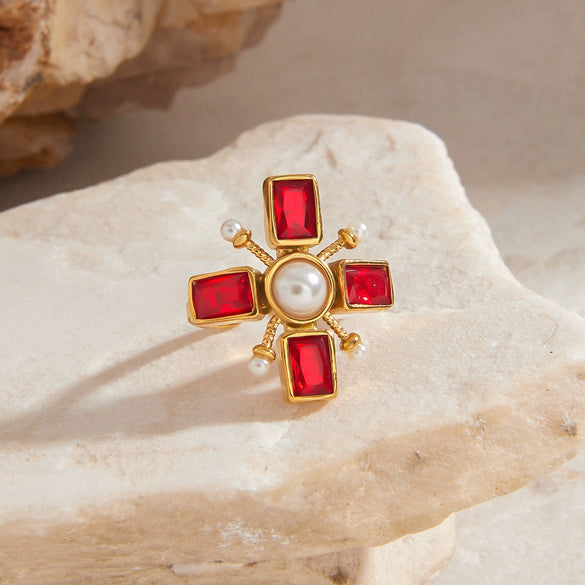 Wholesale Retro Cross Ring Jewelry Stainless Steel Pearl Red Zircon 18K Gold Electroplated For Women