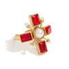 Wholesale Retro Cross Ring Jewelry Stainless Steel Pearl Red Zircon 18K Gold Electroplated For Women