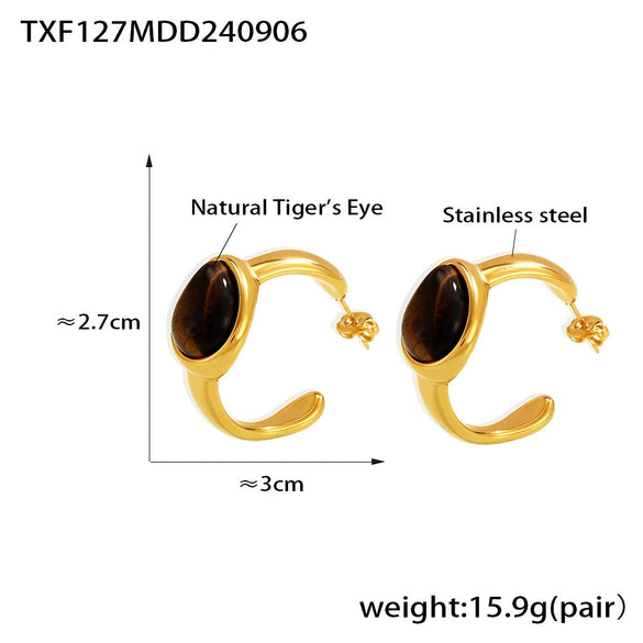 Wholesale Retro Cshaped Tiger Eye Stone 316L Stainless Steel Pvd Electroplated Earrings