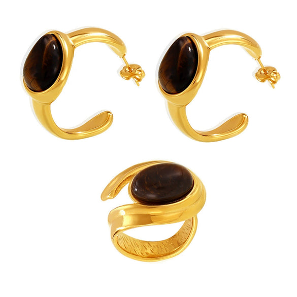 Wholesale Retro Cshaped Tiger Eye Stone 316L Stainless Steel Pvd Electroplated Earrings