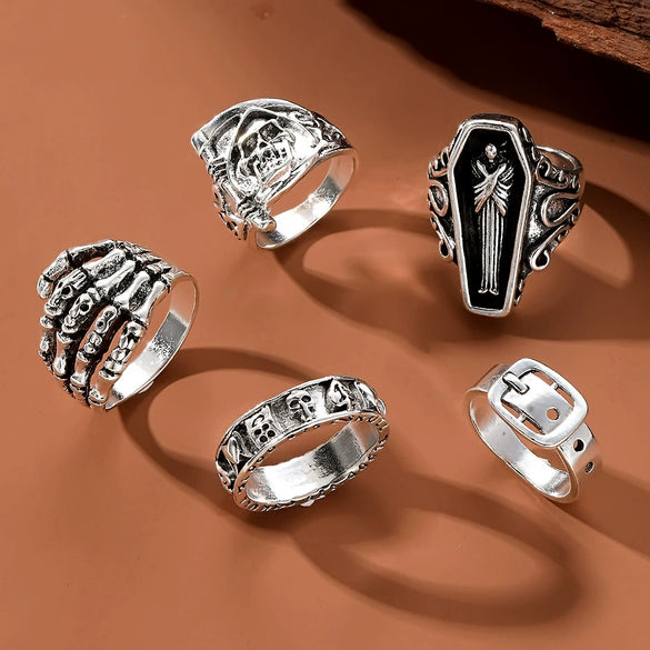 Wholesale Retro Distressed Alloy Geometric Skull Palm Belt Leaf Ring With Electroplating