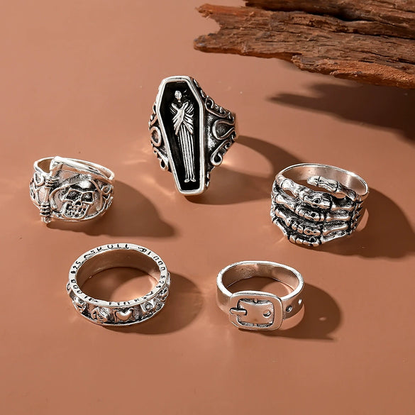 Wholesale Retro Distressed Alloy Geometric Skull Palm Belt Leaf Ring With Electroplating