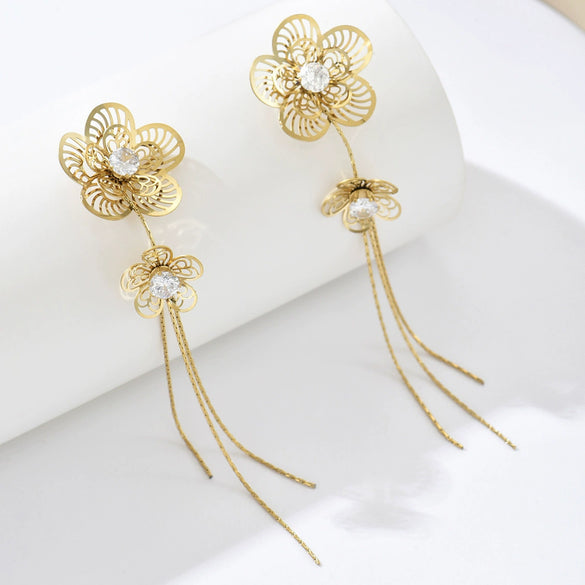 Wholesale Retro Elegant Flower Tassel Stainless Steel Gold Plated Earrings With Hollow Design Inlaid Zircon For Women Featuring Animal And Zodiac Patterns
