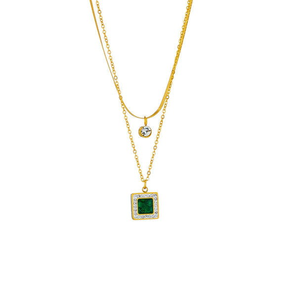 Wholesale Retro Elegant Square Pendant Double Layer Chain Necklace For Women Titanium Steel Geometric Pattern Electroplated