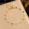 Wholesale Retro Ethnic Style Color Stone Beaded Stainless Steel Gold Plated Chain Bracelet With Geometric Pattern