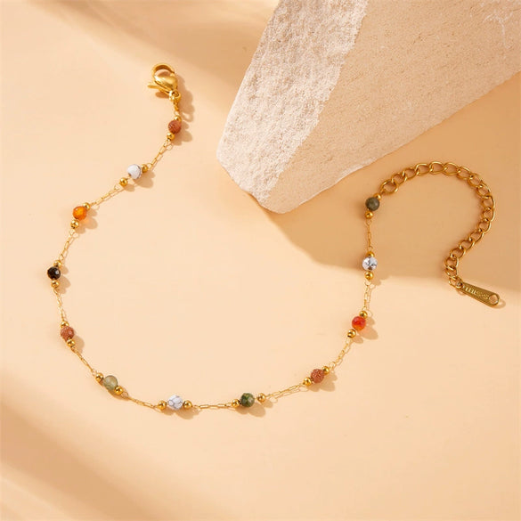 Wholesale Retro Ethnic Style Color Stone Beaded Stainless Steel Gold Plated Chain Bracelet With Geometric Pattern