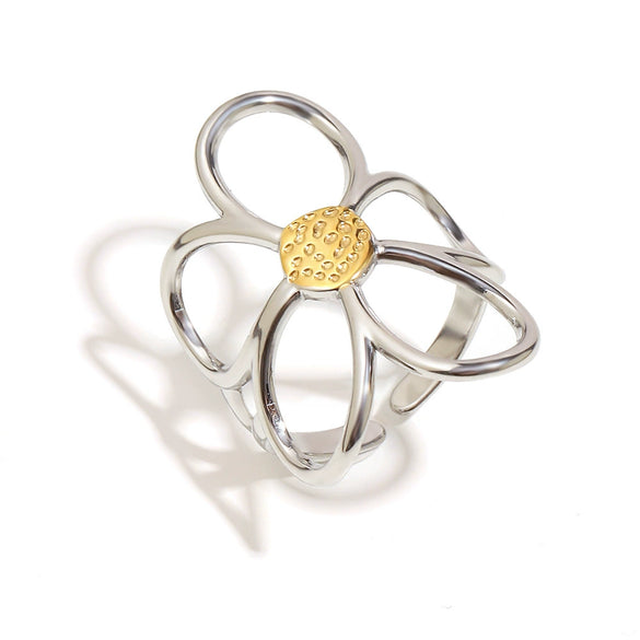 Wholesale Retro Exaggerated Niche Flower Open Ring For Women Stainless Steel 18K Gold Plated
