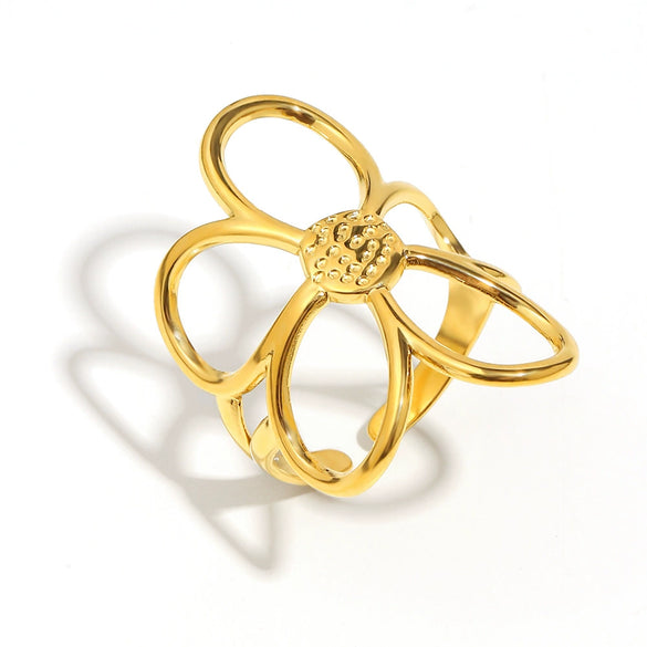 Wholesale Retro Exaggerated Niche Flower Open Ring For Women Stainless Steel 18K Gold Plated