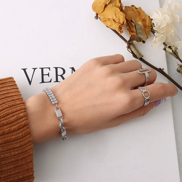 Wholesale Retro Exaggerated Zircon Stitching Titanium Steel Bracelet And Necklace Set For Women